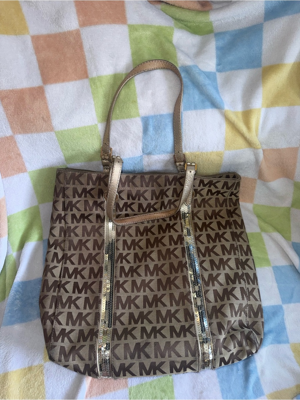 Michael Kors Brown MK Logo Tote with Gold Accents